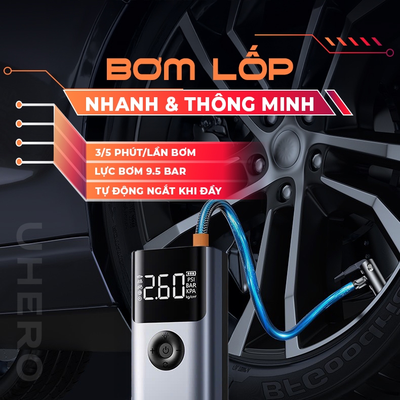 Bơm lốp kích bình ô tô 4in1 10000mAh UHERO tích hợp sạc dự phòng và đèn pin chiếu sáng, công suất cao