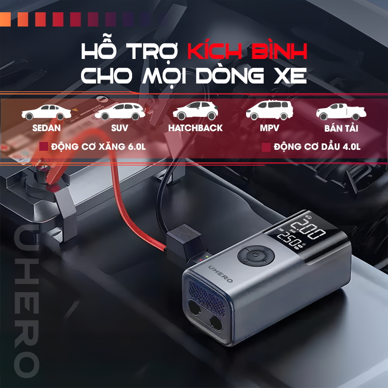 Bơm lốp kích bình ô tô 4in1 10000mAh UHERO tích hợp sạc dự phòng và đèn pin chiếu sáng, công suất cao