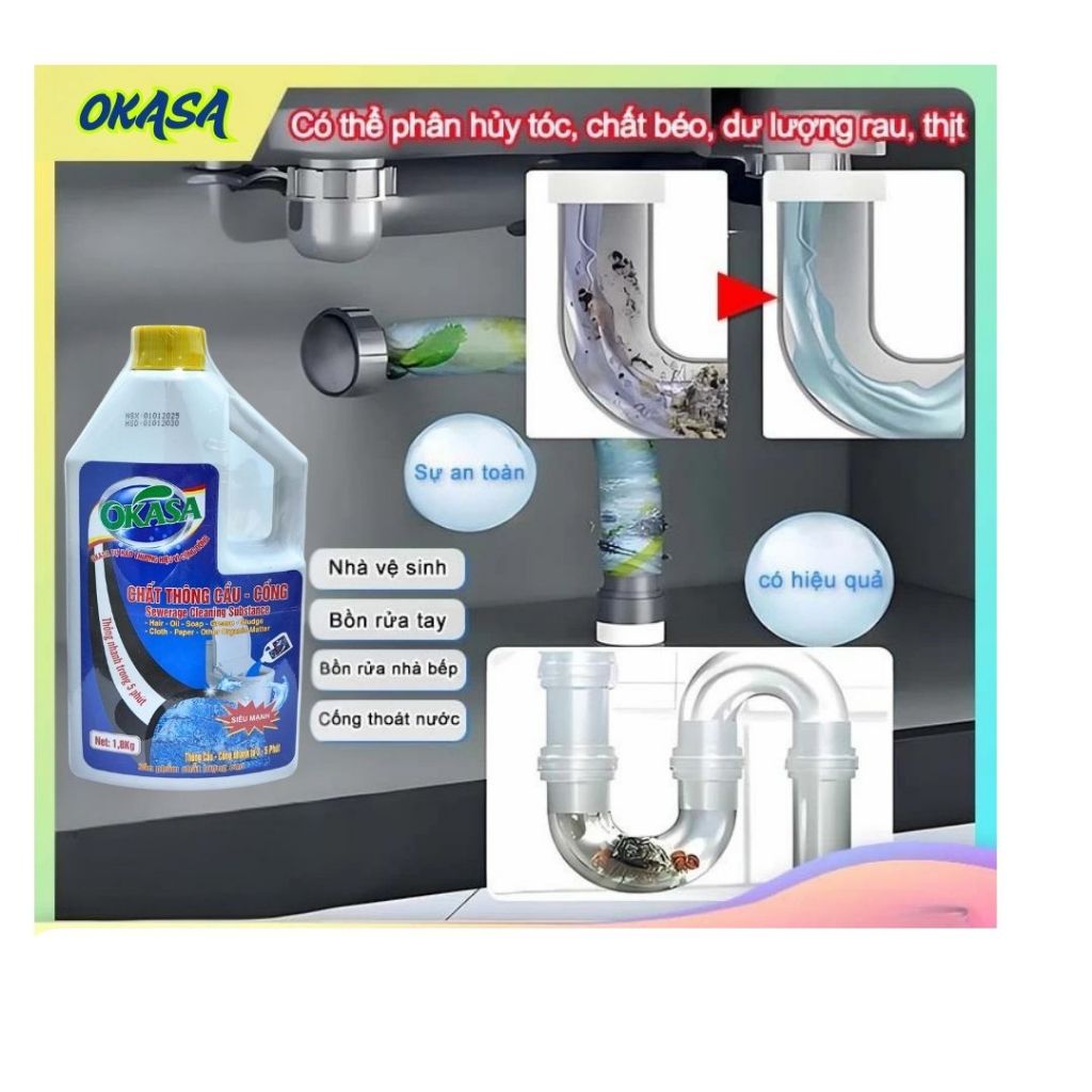 Nước Thông Cống OKASA Cực Mạnh, Giải Pháp Hiệu Quả Thông Tắc Nghẽn Bồn Cầu, Cống, Đọc Kỹ Hướng Dẫn Trước Khi Sử Dụng...