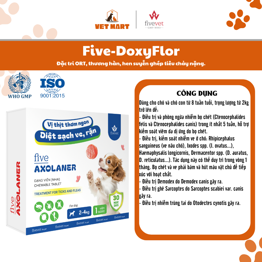 Five-Axolaner Hỗ Trợ Kiểm Soát Ve Rận Bọ Chét Ghẻ Demodex & Sarcoptes Chó Khỏe Mạnh, Sạch Sẽ