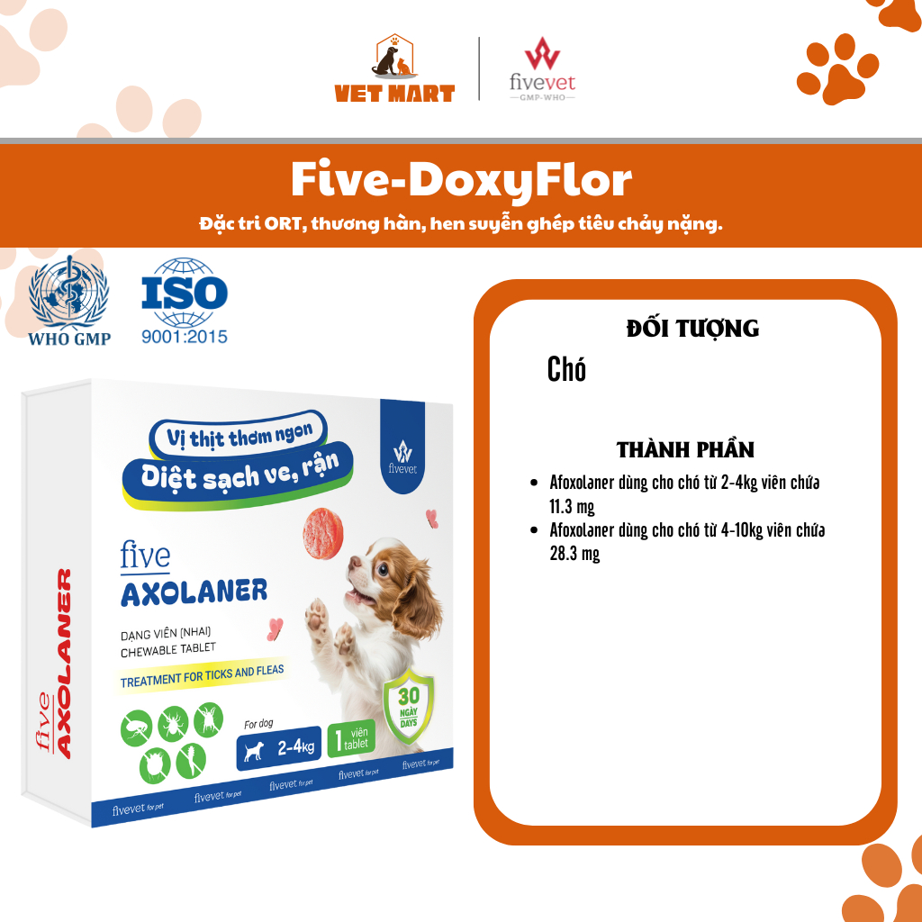 Five-Axolaner Hỗ Trợ Kiểm Soát Ve Rận Bọ Chét Ghẻ Demodex & Sarcoptes Chó Khỏe Mạnh, Sạch Sẽ