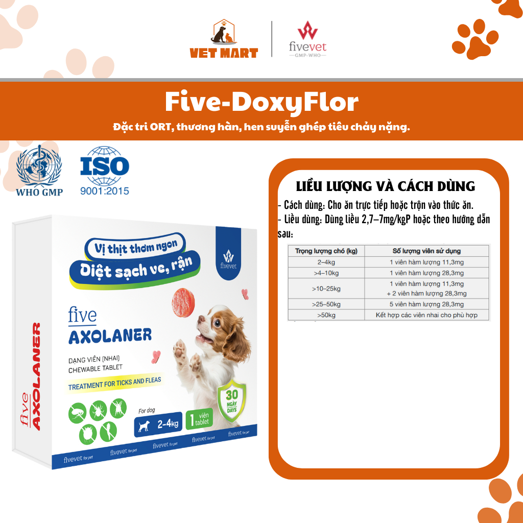 Five-Axolaner Hỗ Trợ Kiểm Soát Ve Rận Bọ Chét Ghẻ Demodex & Sarcoptes Chó Khỏe Mạnh, Sạch Sẽ