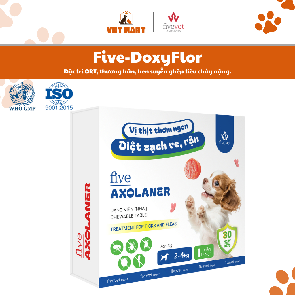 Five-Axolaner Hỗ Trợ Kiểm Soát Ve Rận Bọ Chét Ghẻ Demodex & Sarcoptes Chó Khỏe Mạnh, Sạch Sẽ