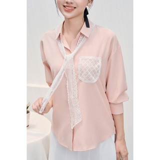 Áo sơ mi nữ basic dáng suông freesize phối túi ốp ren ( KHÔNG KÈM KHĂN ) VIEN TRAN V61H25Q024