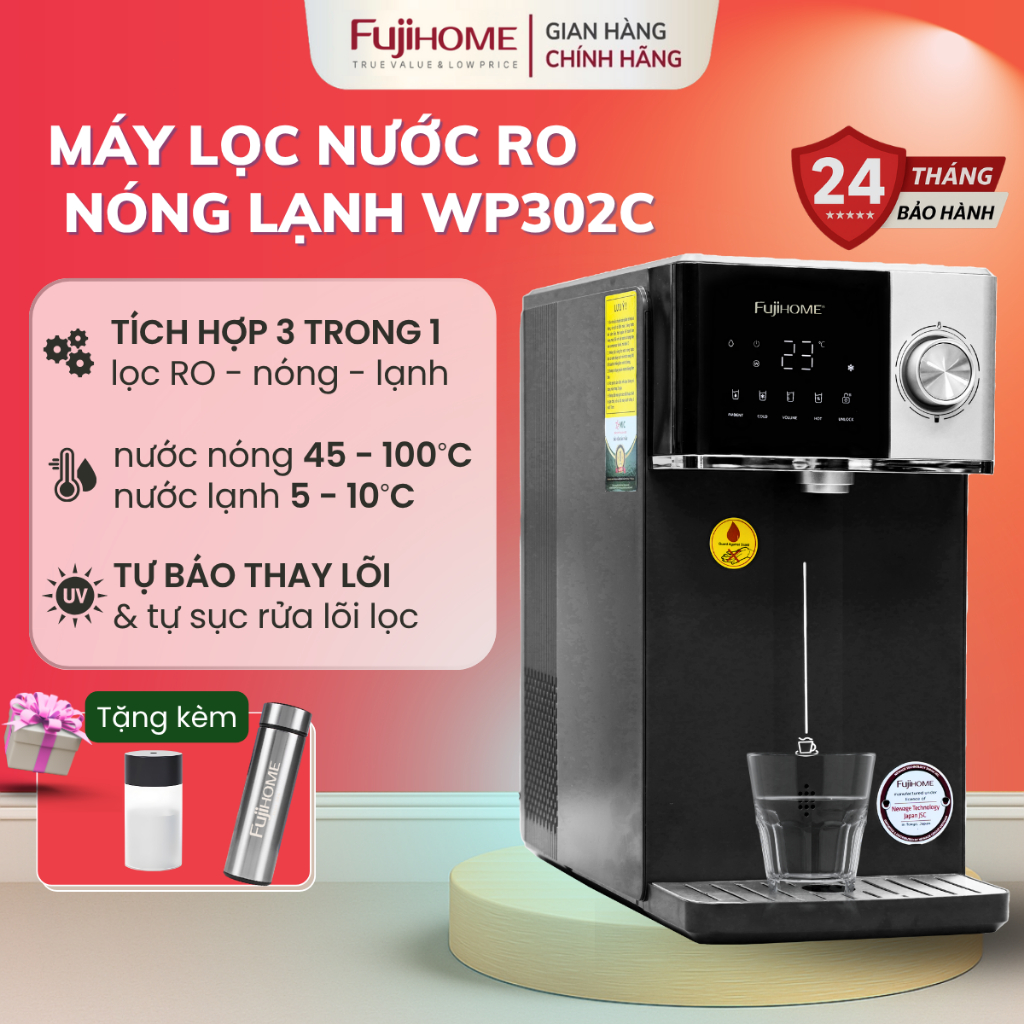 Máy lọc nước nóng lạnh trực tiếp Nhập Khẩu FUJIHOME WP302C, Cây lọc nước khử khuẩn UV có chỉ số TDS chọn nhiệt độ nóng