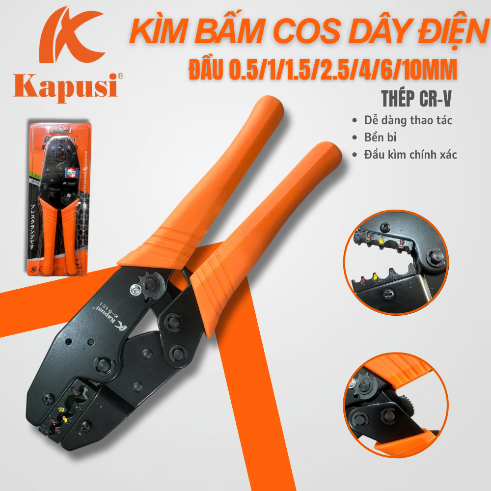 Kềm bấm cos đầu dây cách điện thương hiệu kapusi tools mã k9121 các số 0.5/1/1.5/2.5/4/6/10mm