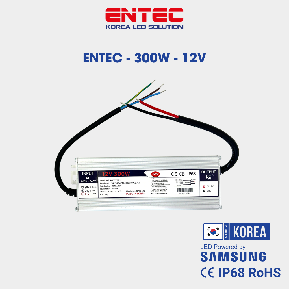 Bộ Nguồn LED Hàn Quốc EntecLed 300W-12V Chống nước, Nguồn LED Hàn Quốc chất lượng cao