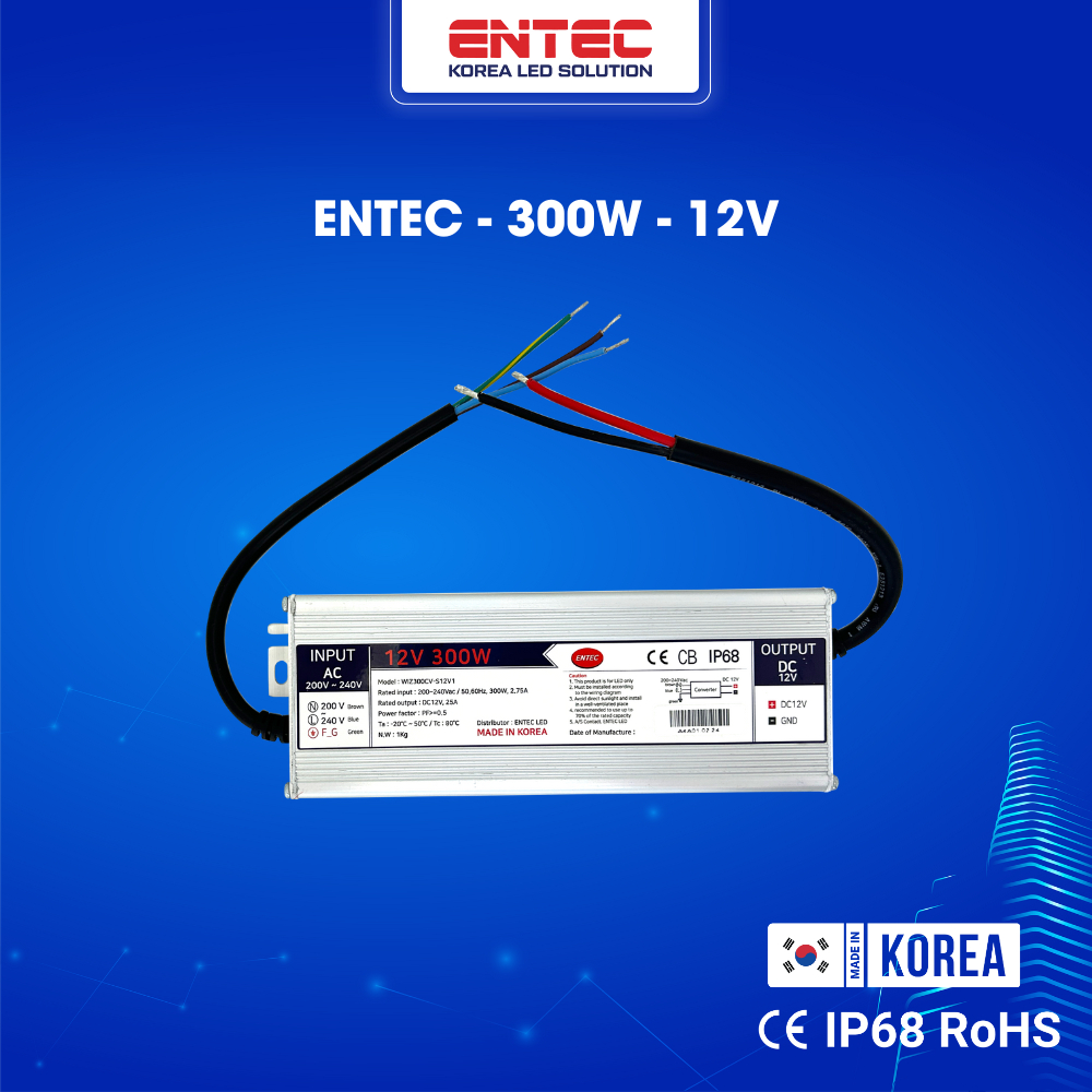 Bộ Nguồn LED Hàn Quốc EntecLed 300W-12V Chống nước, Nguồn LED Hàn Quốc chất lượng cao