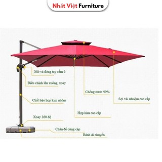Ô Dù Lệch Tâm Vuông 3x3m Cao Cấp Có Đèn LED Hạt – Xoay 360° | Che Nắng Sân Vườn, Quán Cafe, Hồ Bơi