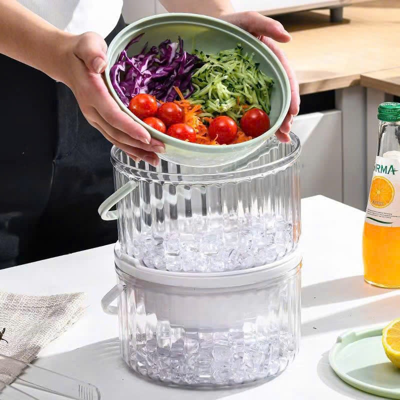 Bát Làm Lạnh Thực Phẩm Đựng Salad, Trái Cây, Hải Sản Kiêm Làm Mát Rư.ợ.u Có Tay Cầm Và Nắp Tiện Lợi