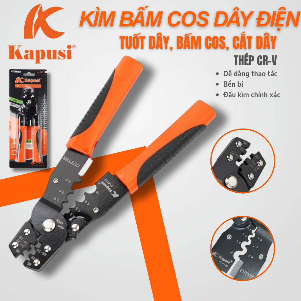 Kìm Bấm Cos Kapusi K-9110 - Dụng Cụ Tuốt Dây, Bấm Cos, Cắt Dây Tiện Lợi