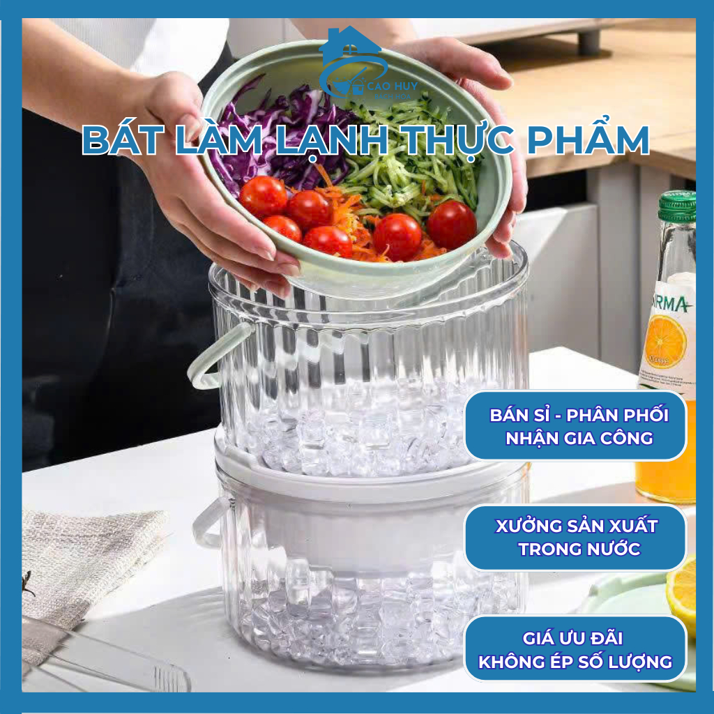 Bát Làm Lạnh Thực Phẩm Đựng Salad, Trái Cây, Hải Sản Kiêm Làm Mát Rư.ợ.u Có Tay Cầm Và Nắp Tiện Lợi