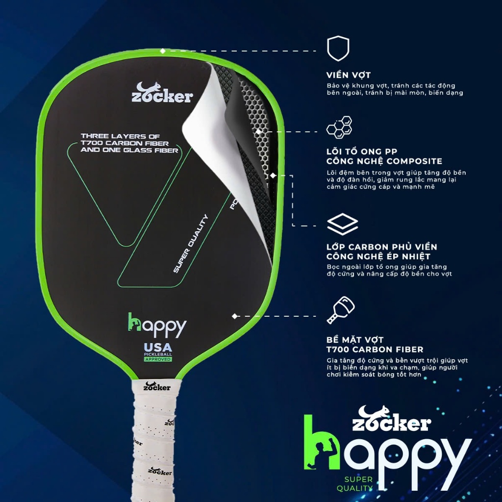 Vợt Pickleball Zocker Happy HP01 + HP02 + HP02 Plus Gen2 Full Carbon Chính Hãng Zocker