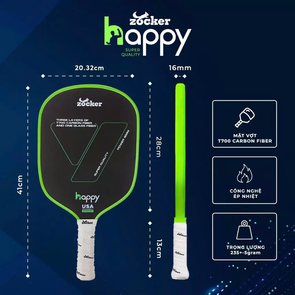 Vợt Pickleball Zocker Happy HP01 + HP02 + HP02 Plus Gen2 Full Carbon Chính Hãng Zocker