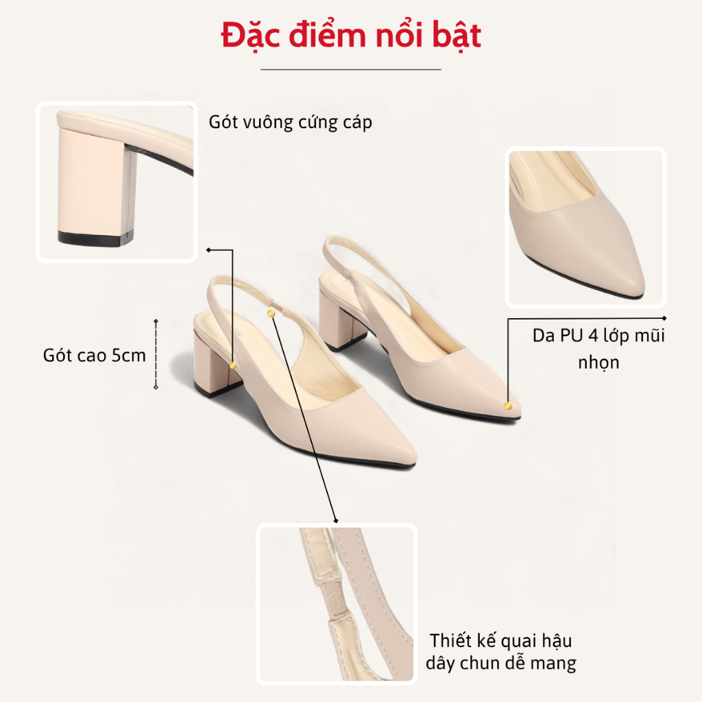 Giày Cao Gót 5cm SlingBack Hậu Thun Mũi Nhọn Pixie H350