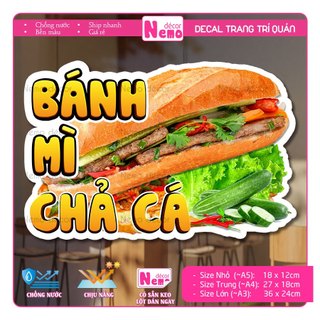 Decal Trang Trí Bánh Mì Chả Cá, Tranh Dán Tiệm Bánh Mì, Xe Bánh Mì , Dán Tường, Tủ, Kính - Sticker Chịu Được Mưa Nắng.