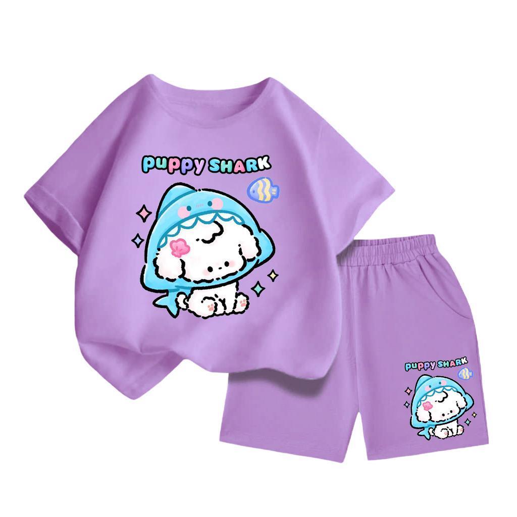 Bộ Đồ Cộc Tay Cotton – In Cún Trắng Đội Mũ Cá Mập Puppy Shark Ngộ Nghĩnh, Bé Mặc Cả Ngày (M 210)