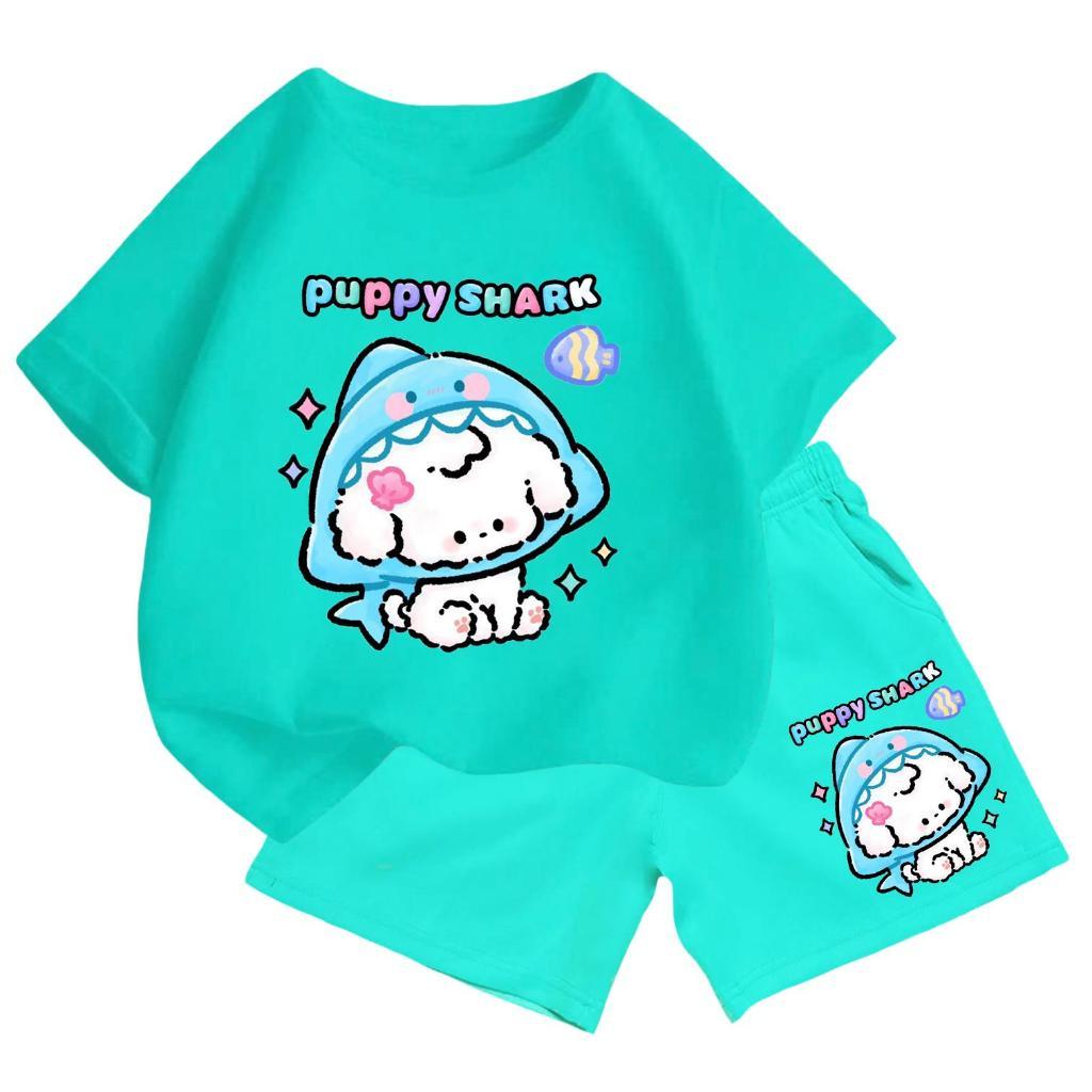 Bộ Đồ Cộc Tay Cotton – In Cún Trắng Đội Mũ Cá Mập Puppy Shark Ngộ Nghĩnh, Bé Mặc Cả Ngày (M 210)