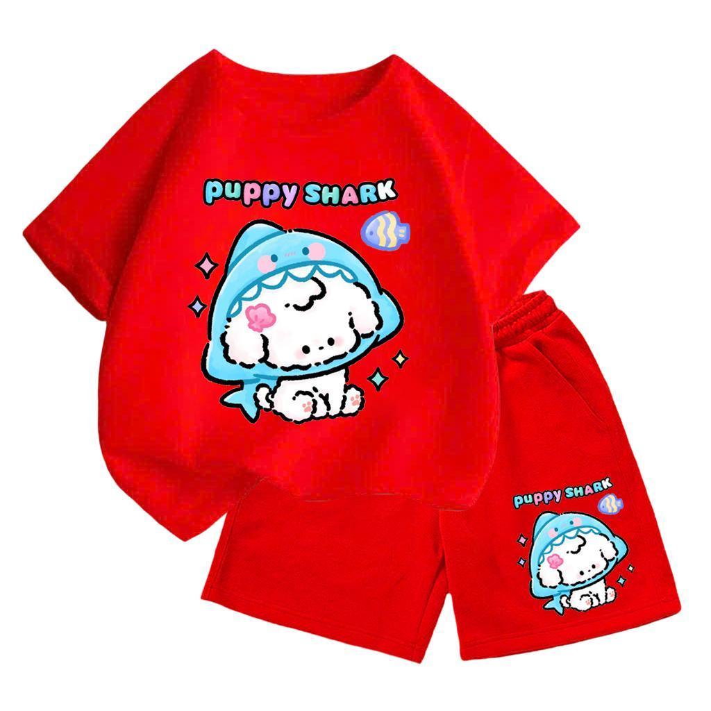 Bộ Đồ Cộc Tay Cotton – In Cún Trắng Đội Mũ Cá Mập Puppy Shark Ngộ Nghĩnh, Bé Mặc Cả Ngày (M 210)
