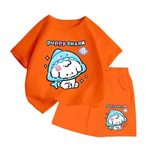 Bộ Đồ Cộc Tay Cotton – In Cún Trắng Đội Mũ Cá Mập Puppy Shark Ngộ Nghĩnh, Bé Mặc Cả Ngày (M 210)