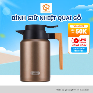 Bình giữ nhiệt quai gỗ 1,5L Hokori 0115, Bình trà inox giữ nhiệt Cam Homeware