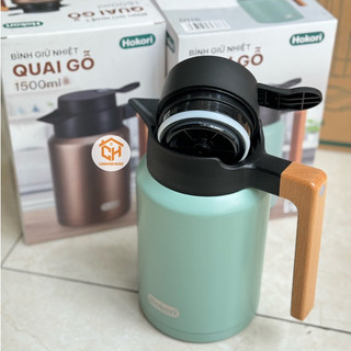 Bình giữ nhiệt quai gỗ 1,5L Hokori 0115, Bình trà inox giữ nhiệt Cam Homeware