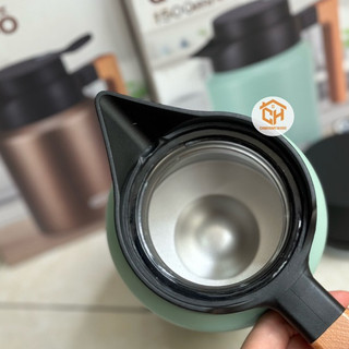 Bình giữ nhiệt quai gỗ 1,5L Hokori 0115, Bình trà inox giữ nhiệt Cam Homeware