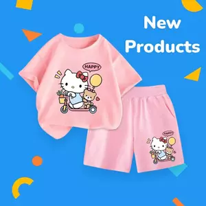 Set Đồ Cộc Tay Cho Bé – Hình Hello Kitty Lái Xe Chở Gấu Nâu Happy, Vải Cotton Mềm Mát (M 211)