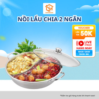 Nồi Lẩu Chia 2 Ngăn Có Nắp Kính Nấu Được Bếp Từ Và Bếp Gas Tiện Lợi, Nồi Lẩu 2 Ngăn Uyên Ương Cam Homeware