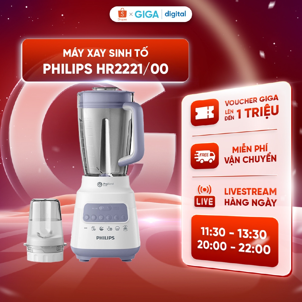 Máy xay sinh tố Philips HR2221/00 - 700W - 5 tốc độ xay và 1 số nhồi - Nghiền đá nhanh