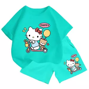 Set Quần Áo Bé Trai Bé Gái – Hello Kitty Đáng Yêu Lái Xe Chở Gấu Nâu, Cotton Mềm Mại (M 211)