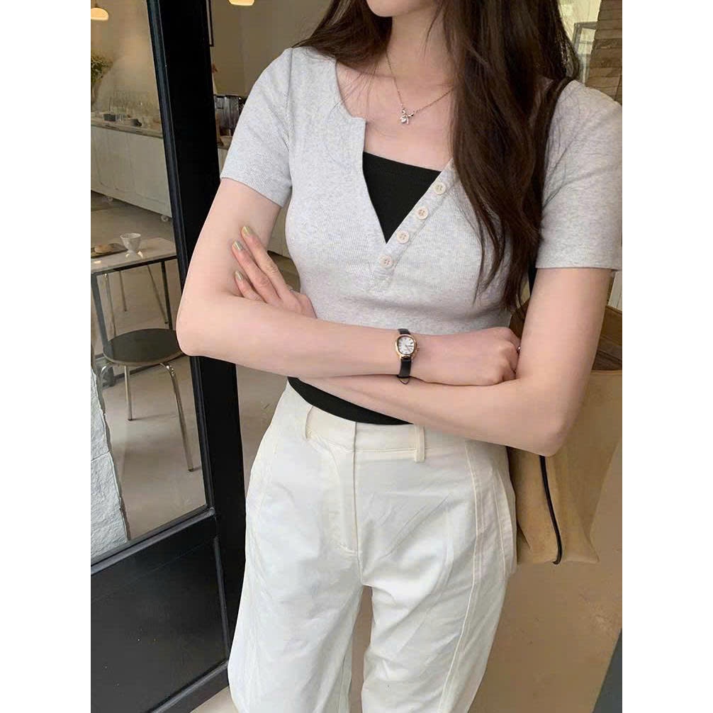 [CÓ SIZE] Áo Babytee Cộc Tay Dáng Vừa Cổ Chữ V Phối Hai Lớp RANSHI Dễ Phối Đồ Chất Thun Gân Dày