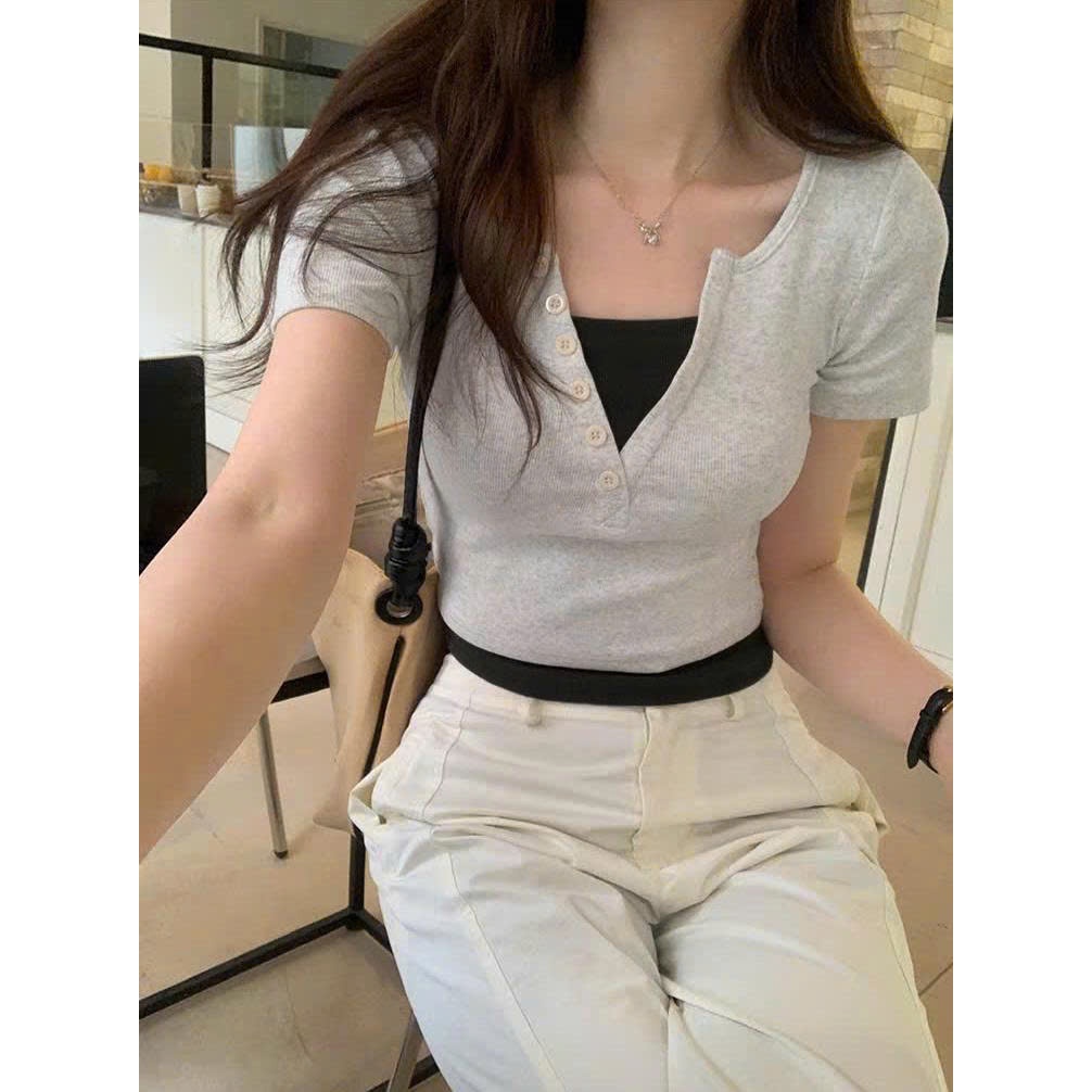 [CÓ SIZE] Áo Thun Tay Ngắn Cổ Chữ V Phối Hai Màu RANSHI Babytee Dáng Vừa Tiểu Thư Sang Chảnh Chất Gân Dày