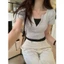 Áo Thun Tay Ngắn Cổ Chữ V Phối Hai Màu RANSHI Babytee Dáng Vừa Tiểu Thư Sang Chảnh Chất Gân Dày