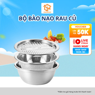 Bộ Bào Nạo Rau Củ Kiêm Rổ Và Chậu Inox Cao Cấp Đa Năng 3 Chi Tiết Cam Homeware