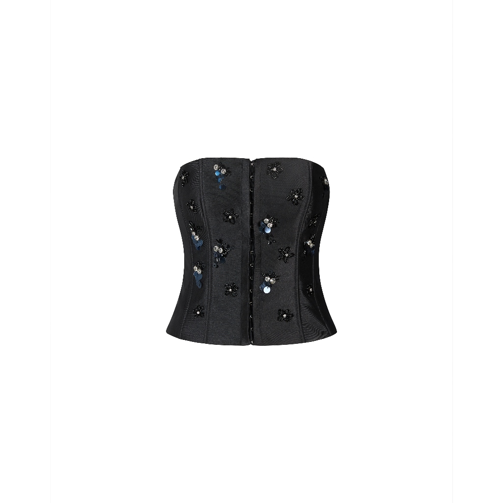 JAMIE CORSET Áo Đính Đá  + BOW CORE MINI SKIRT Chân Váy Đen Đính Nơ Trắng