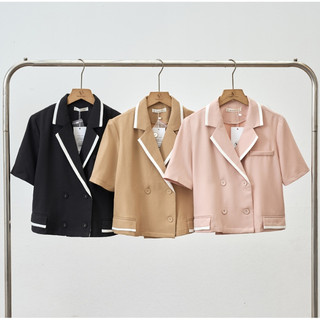Áo vest đờ mi cổ 2 ve phối viền croptop VIEN TRAN V65D25H004
