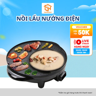Nồi lẩu nướng điện 2 in 1 Hàn Quốc, Bếp lẩu nướng mini tròn 2 ngăn đa năng chống dính tốt, không cháy khét siêu tiện lợi