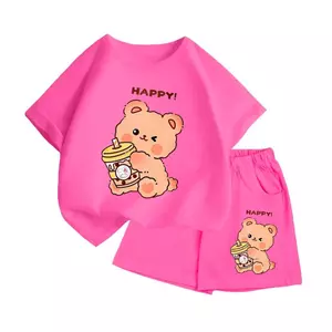 Bộ cộc tay cho bé – Hình Gấu Nâu ôm cốc trà sữa Happy, chất thun mát mẻ, dễ chịu cả ngày (M 213)