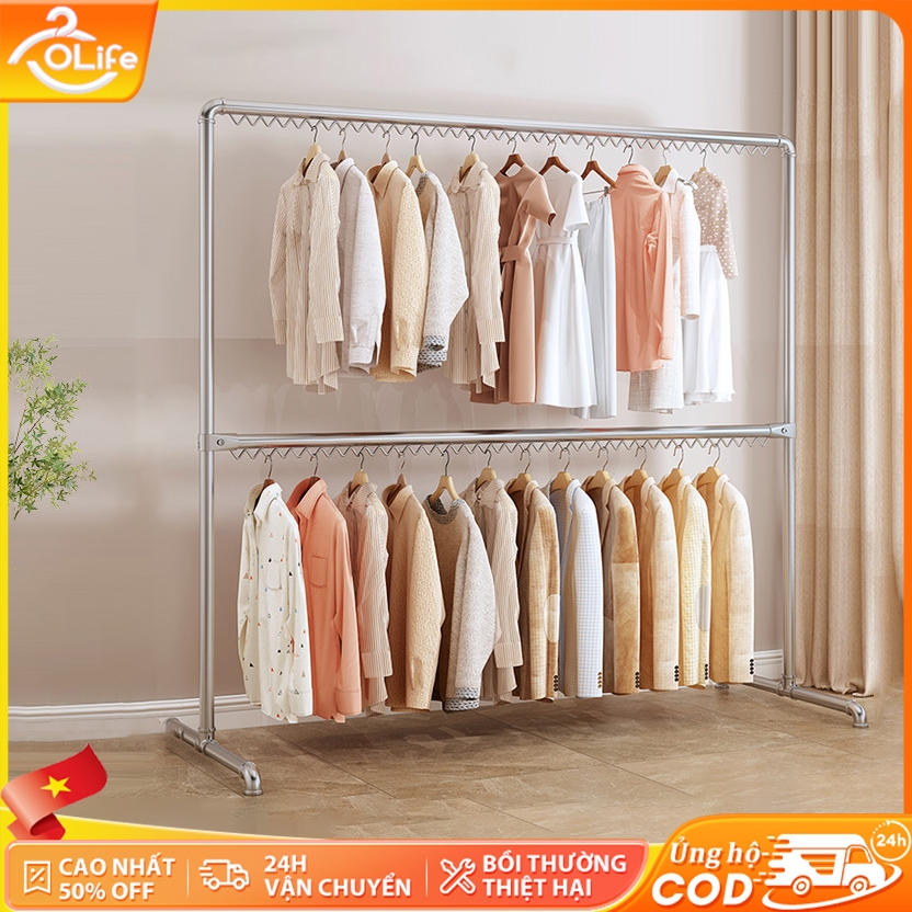 𝐎𝐥𝐢𝐟𝐞 Kệ Treo Quần Ao 2 Tầng Giá Treo Quần Áo Có Móc Chống Gió Sử Dụng Trong Nhà Và Ngoài Trời  Sào Phơi Đồ Ống Thép