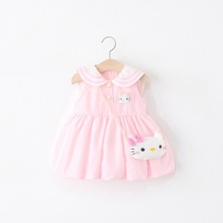 Váy bé gái dáng bí sát nách màu hồng pastel thêu mèo dễ thương 6th-4 tuổi Bí Ngô Nhỏ D1144