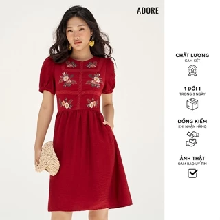 511DR2007 - Đầm midi đũi xước đỏ thêu phối ren ADORE DRESS