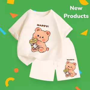 Đồ hè cho bé hình Gấu Nâu ôm trà sữa Happy – Cotton mềm nhẹ, bé mặc đi chơi hay ở nhà đều mát (M 213)