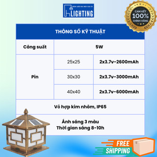 Đèn Trụ Cổng Sân Vườn Năng Lượng Mặt Trời (Nhôm) Kích Thước 25cm 30cm 40cm, 4 Màu sáng Chống Nước