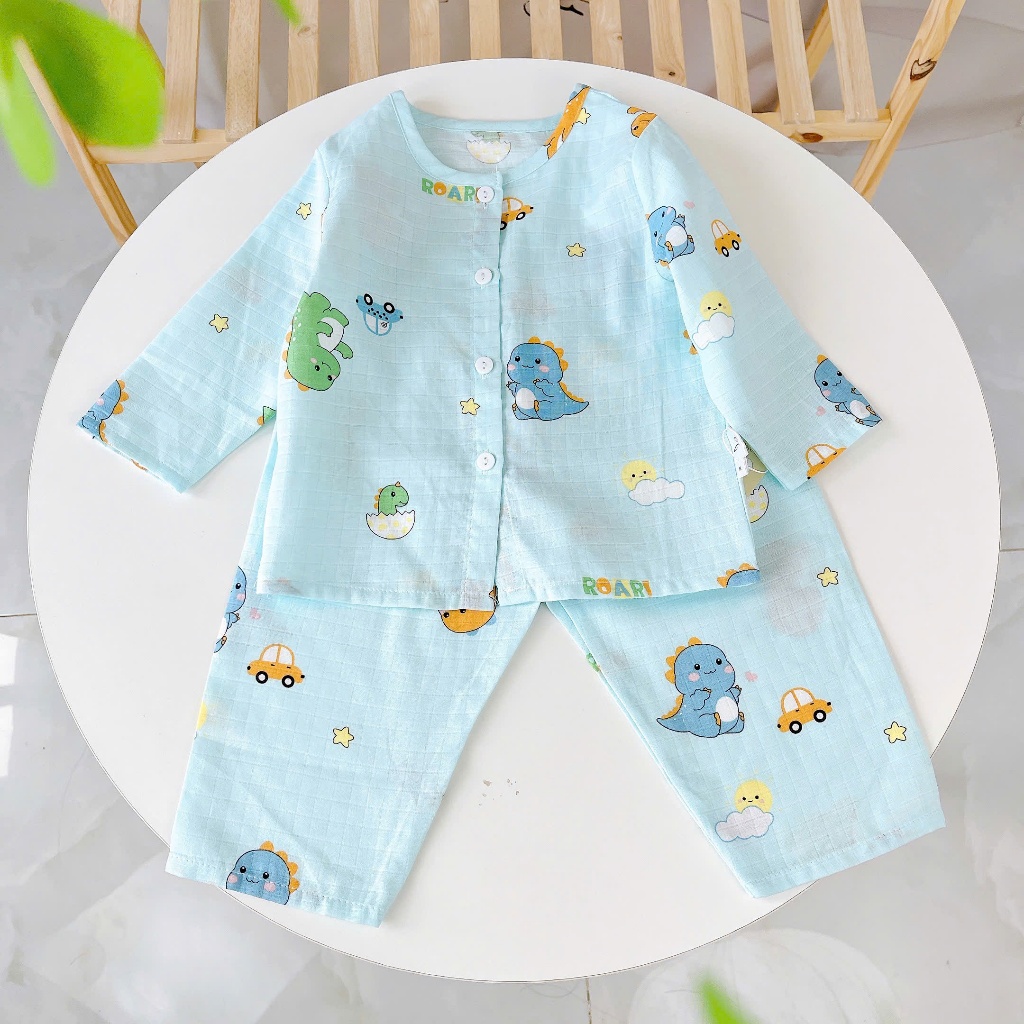 Pijama cho bé trai gái vải  xô cotton Lá Homewear A219, đồ bộ dài tay cho bé mát bốn mùa cổ tròn