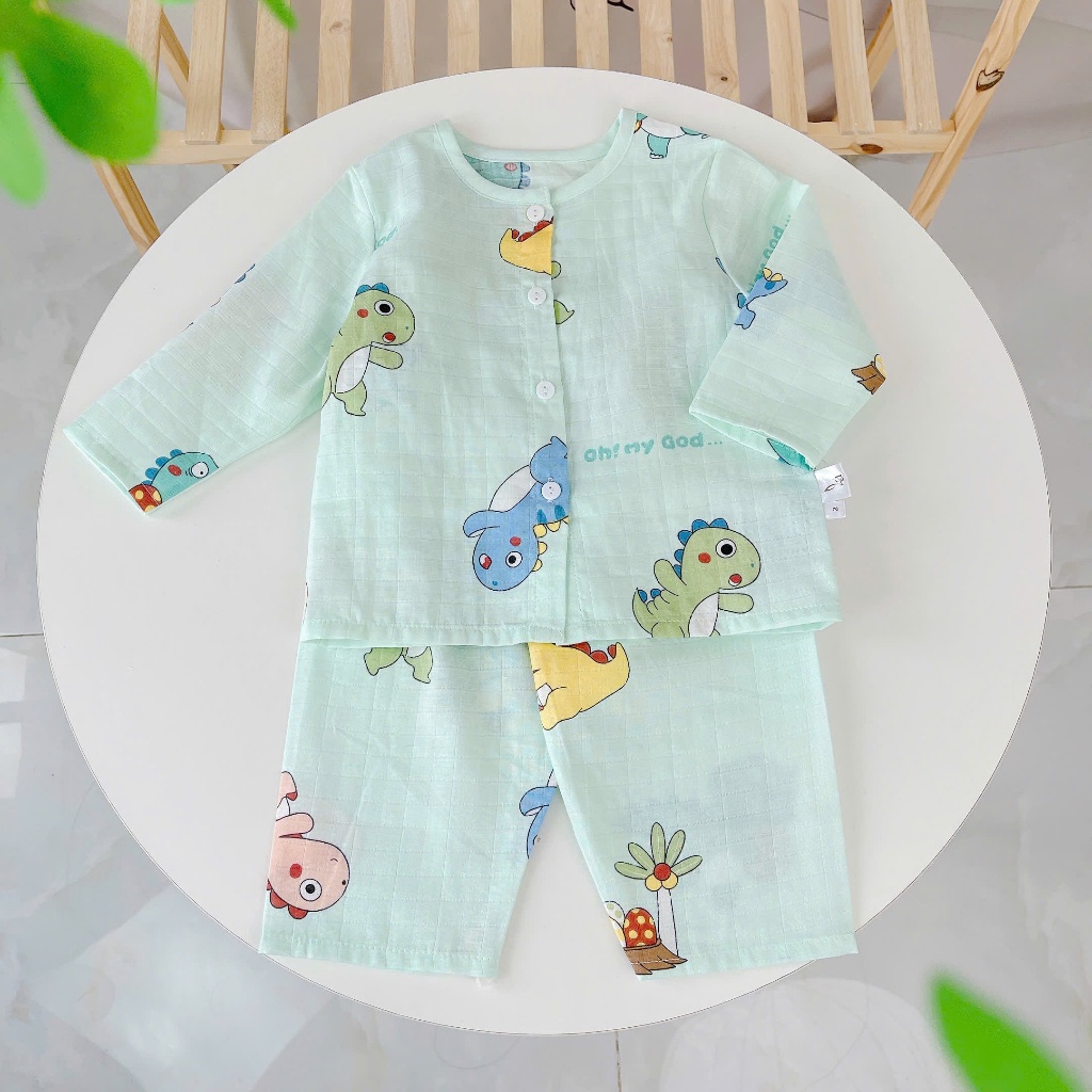 Pijama cho bé trai gái vải  xô cotton Lá Homewear A219, đồ bộ dài tay cho bé mát bốn mùa cổ tròn