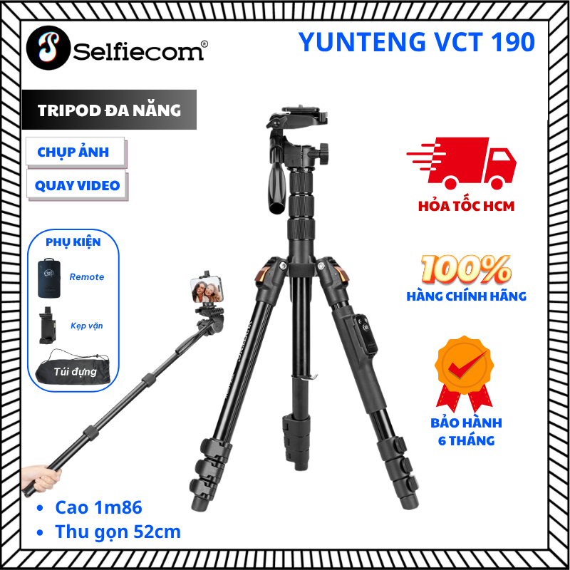 Chân máy ảnh điện thoại Yunteng VCT-190 – Tripod cao 186cm, tháo rời làm gậy selfie, kèm remote Bluetooth chụp từ xa