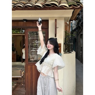 Áo Crop Chấm Bi Tay Bồng Viền Bèo Dáng Bo Eo Dây Rút 247store Cổ Tròn Nữ Tính Aobbd039