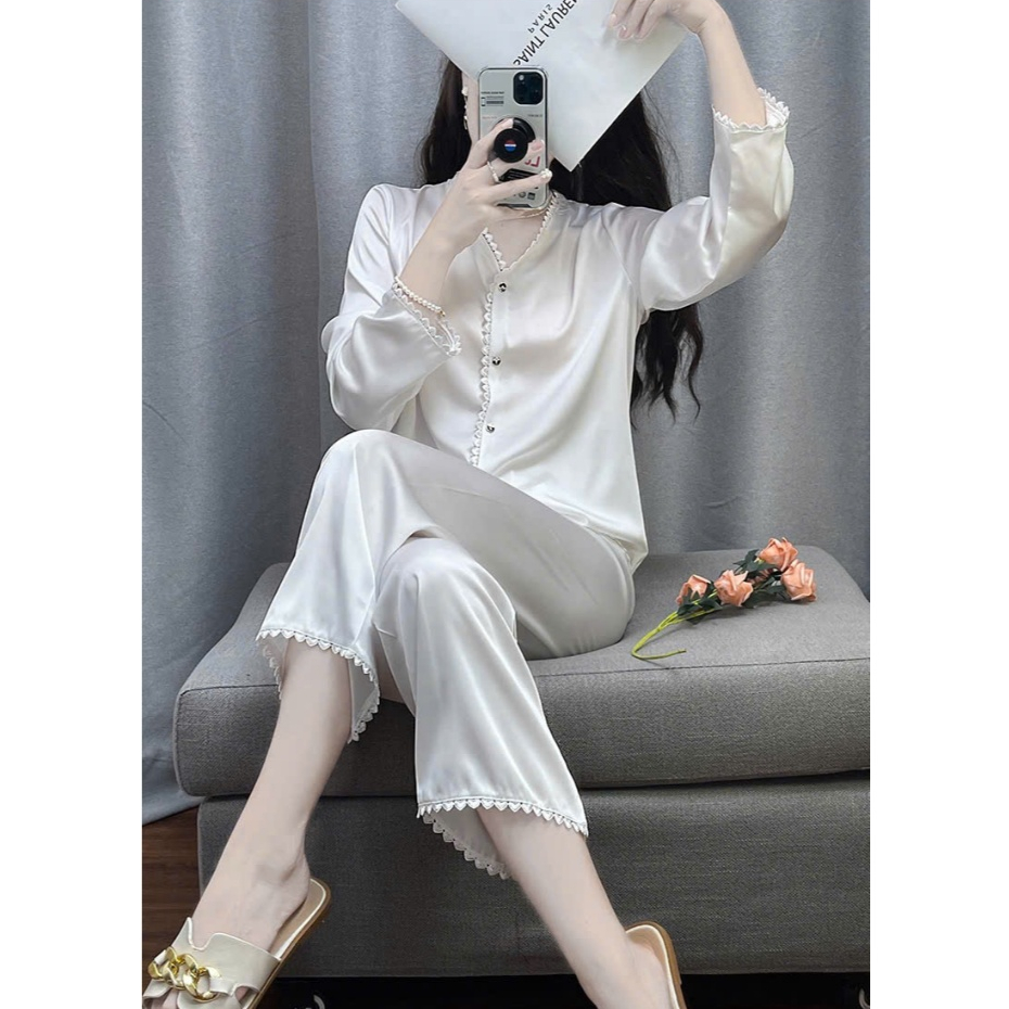 Đồ bộ LUXURY PIJAMA lụa latin cao cấp, mềm mịn sang trọng tay dài trắng trơn TD028