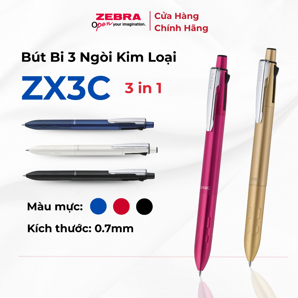 Bút Bi 3 Ngòi ZX3C Kim Loại Zebra Pen - 3 Mực Xanh Đen Đỏ, Kèm Hộp